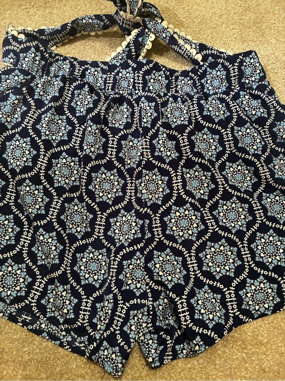 alba Printed High Waist Shorts in Blue & Cream Size Large Like New